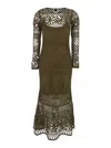 Pinko 'ortles' Green Crewneck Long Dress With Fishnet Design And All-over Floral Embroidery