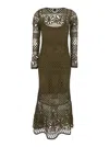 Pinko 'ortles' Green Crewneck Long Dress With Fishnet Design And All-over Floral Embroidery In Viscose Ble In Green