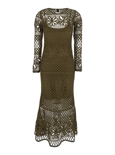 Pinko 'ortles' Green Crewneck Long Dress With Fishnet Design And All-over Floral Embroidery In Viscose Ble