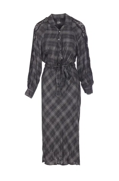 Pinko Plaid Dress With Belted Waist And Lace In Gray