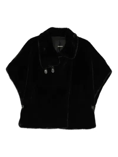 Pinko Oversized Black Faux Fur Coat With High Collar And Unique Buckle Closures