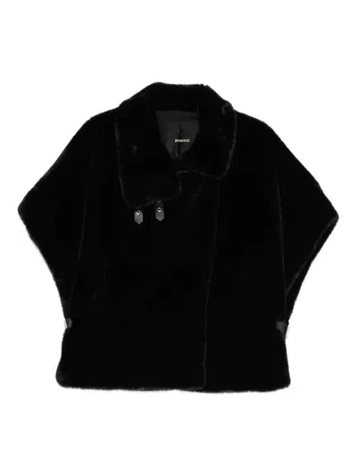 PINKO OVERSIZED BLACK FAUX FUR COAT WITH HIGH COLLAR AND UNIQUE BUCKLE CLOSURES