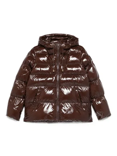 PINKO PINKO OVERSIZED GLOSSY BROWN QUILTED DOWN COAT WITH HOOD