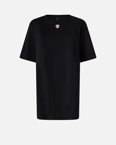 Pinko Oversized Long T-shirt With Print And Embroidery In Black