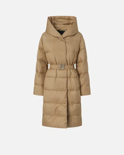 Pinko Padded Caban Down Jacket In Technical Canvas With Belt In Beige-terra Di Toscana