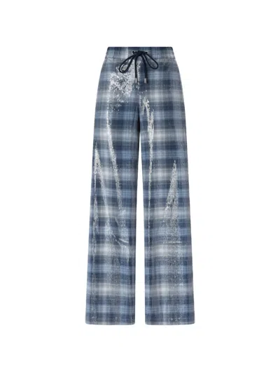 Pinko Palazzo Trousers With Check Pattern And Sequins In Blue