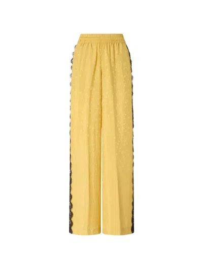 Pinko Palazzo Trousers With Floral Motif And Lace Trim In Yellow