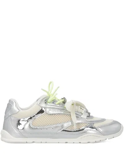 Pinko Yulia Leather And Mesh Sneakers With Two-tone Laces In Metallic