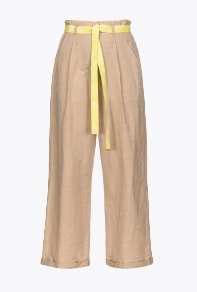 Pinko Slub Linen Trousers In Beige/cuir De Daim