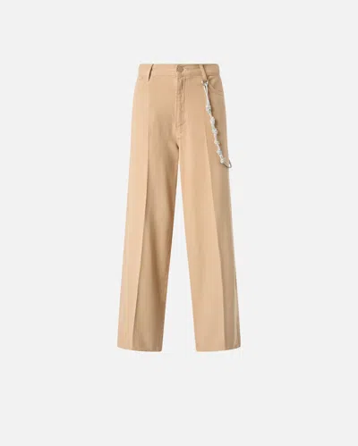 Pinko Loose Wide-leg Trousers With Jewel Chain In Dove Beige