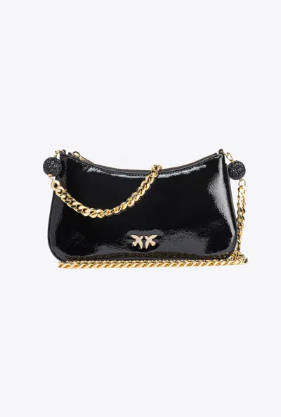 Pinko Patent-effect Shoulder Clutch In Noir-or