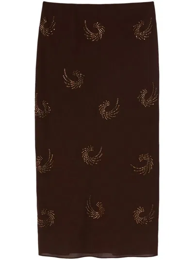 Pinko Georgette Skirt With Rhinestone Swirls In Coffee Bean Brown