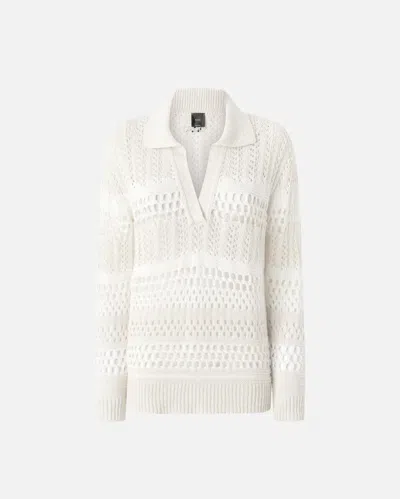 Pinko Perforated Cotton Sweater With Collar In Bianco/bianco