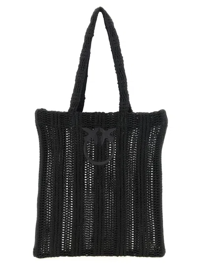 Pinko Perforated Raffia-effect Tote Bag In Black