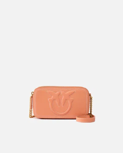 Pinko Small Crossbody Bag With Raised Love Birds Logo In Brandy Orange-antique Gold