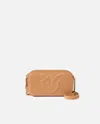 Pinko Small Crossbody Bag With Raised Love Birds Logo In Nougat-antique Gold