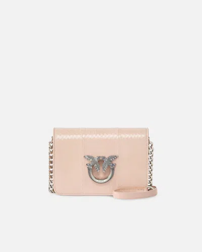 Pinko Galleria Mini Love Bag Crossbody Bag In Shiny Reptile Skin In Beige Rosa Past-old Silver
