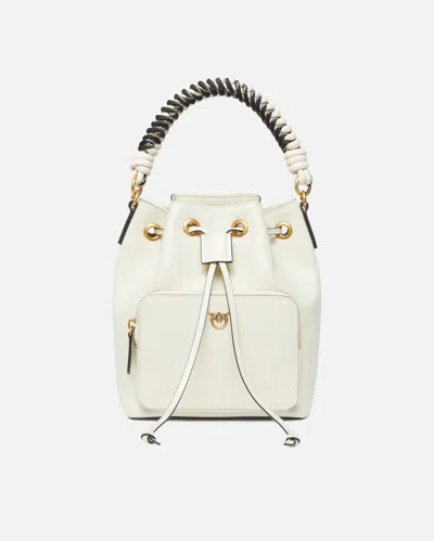 Pinko Small Leather Cargo Bucket Bag With Braiding In White