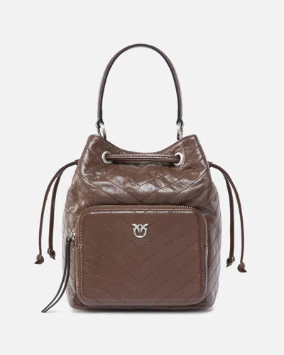 Pinko Small Leather Cargo Bucket Bag With Pocket In Brown