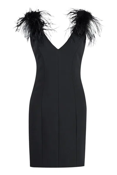 Pinko Feather-detailing V-neck Dress In Limo Black