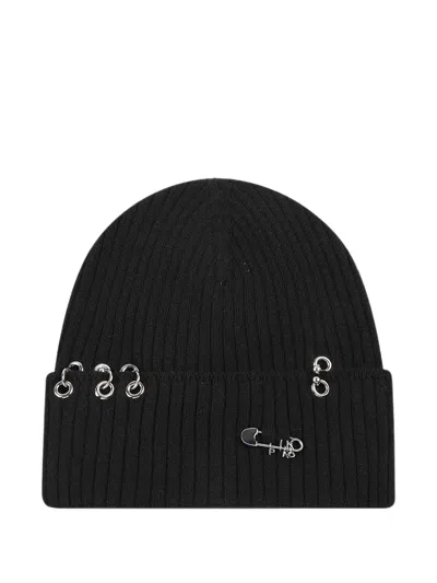 Pinko Pierced Ribbed-knit Beanie Hat In Black
