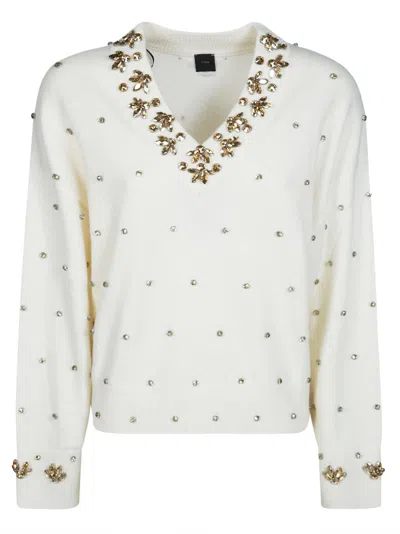 Pinko Pigolio 90 Wool 10 Cashmere Rhinestone V-neck Sweater In White