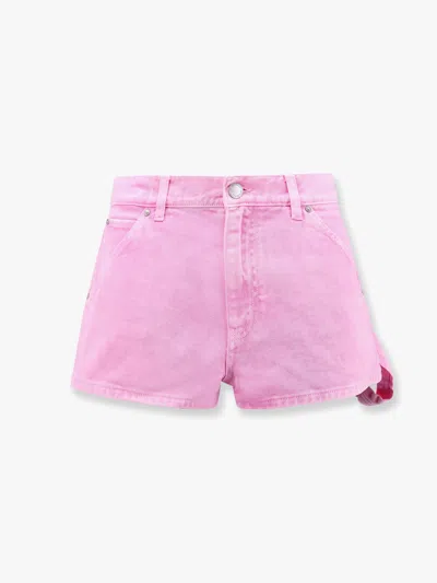 Pinko Shorts In Pink Denim Con Patch Logo In Pelle In Purple