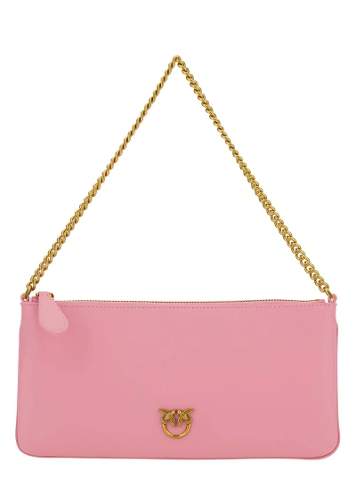 Pinko Pink Horizional Flat Pouch With Love Birds Diamond Logo In Leather Woman In Rosa