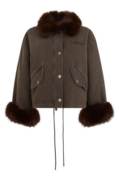 Pinko Pink Synthetic Fur Collar Mini Jacket With Button Closure And Drawstring In Brown