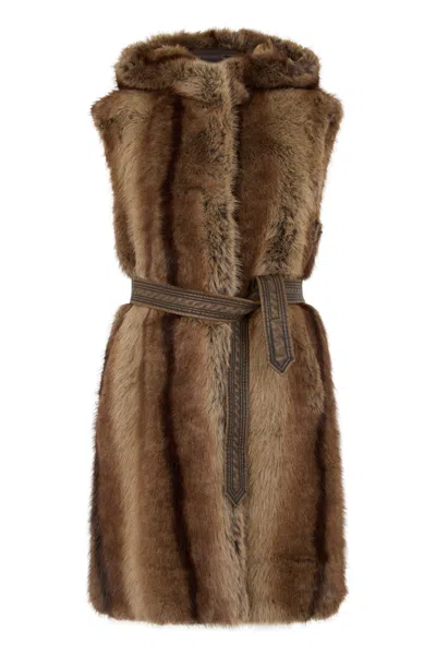 Pinko Pink Synthetic Fur Vest With Belt And Hood In Brown