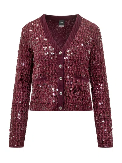 Pinko Cardigan Mamma Mia With Sequins Bordeaux In Red
