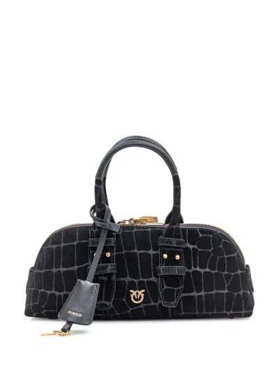 Pinko Crocodile Effect Leather Bowling Baguette Bag In Black