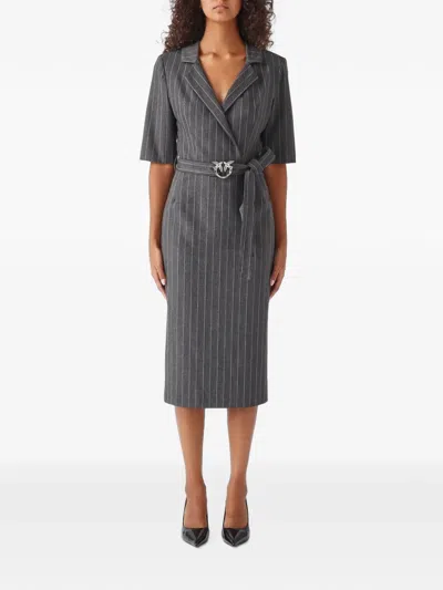 Pinko Pinstripe-pattern Logo-buckle Midi Dress In Gray