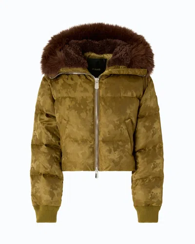 Pinko Cropped Camouflage Jacquard Satin Down Jacket In Brown
