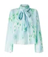 Pinko Pleated Sheer Floral Bow Long Sleeves In Blue