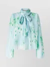 Pinko Pleated Sheer Floral Bow Long Sleeves In Blue