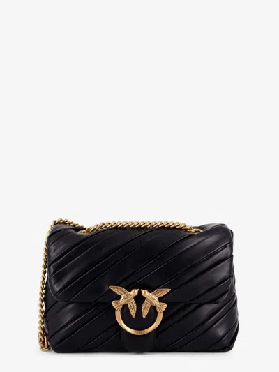 Pinko Plissé Leather Shoulder Bag With Love Birds Buckle In Black