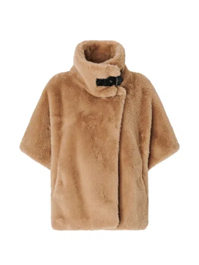 Pinko Plush Short-sleeved Faux Fur Jacket With High Collar In Brown