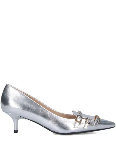 PINKO POINTED-TOE SILVER PUMP WITH KITTEN HEEL AND BUCKLE STRAPS