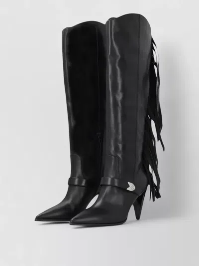 Pinko Pointed Toe Stiletto Knee Length Fringe Boots In Black