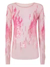 Pinko Sheer Sweater With Sequins And Feathers In Pink