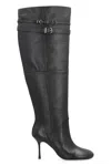 Pinko Pointed Toe Knee-high Boots With Decorative Straps In Black