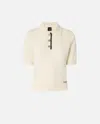 Pinko White Polo Shirt With Logo Patch On The Front And Ribbed Details In Wool Woman In Neutral