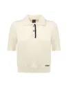 Pinko White Polo Shirt With Logo Patch On The Front And Ribbed Details In Wool Woman In Neutral