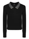 Pinko Classic Black Sweater With Embellished Collar And Ribbed Hem In Black