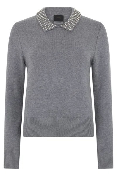 Pinko Polo-collar Wool-blend Sweater With Ribbed Trims In Gray