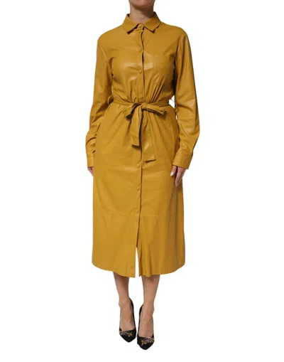 Pre-owned Pinko Polyester Belted Shirt Midi Long Sleeve Yellow Women's Mustard ()