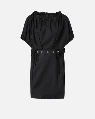 Pinko Poplin Mini Dress With Gathering And Eyelets In Noir Limousine