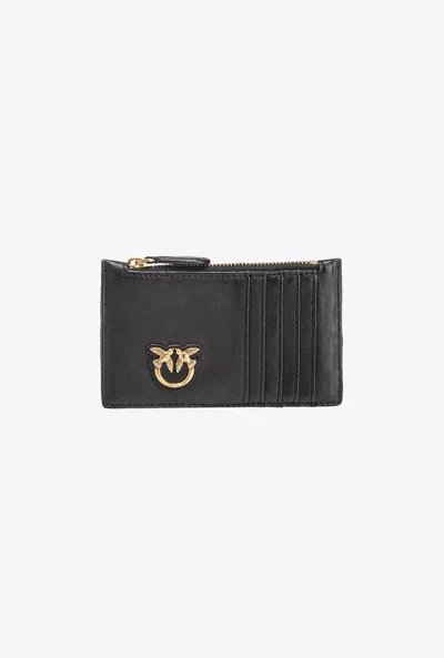 Pinko Zipped Chevron-patterned Card Holder In Black-antique Gold