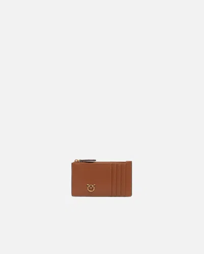 Pinko Nappa Leather Card Holder With Chevron Workmanship In Brown